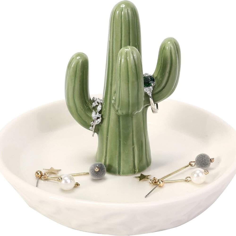 Ceramic Cactus Ring Holder with Derorative White Dish for Jewelry,Christmas Birt